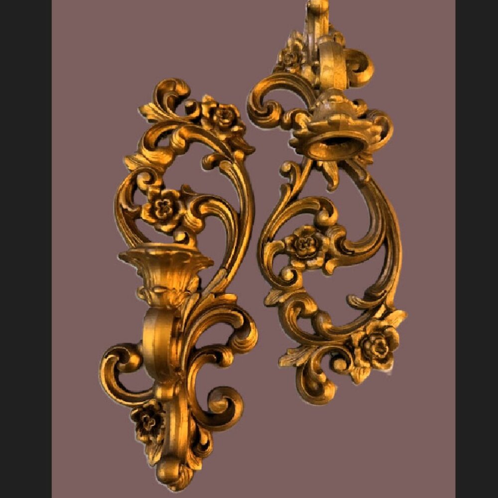 Vintage Pair "Homco1971" Ornate Gold Wall Sconces